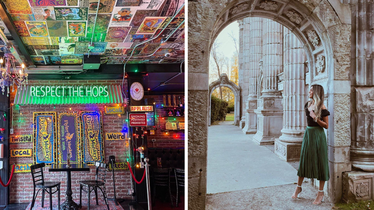 Neon signs and brick walls at Flying Monkeys brewery. Right: Massive sculptures in Guild Park.