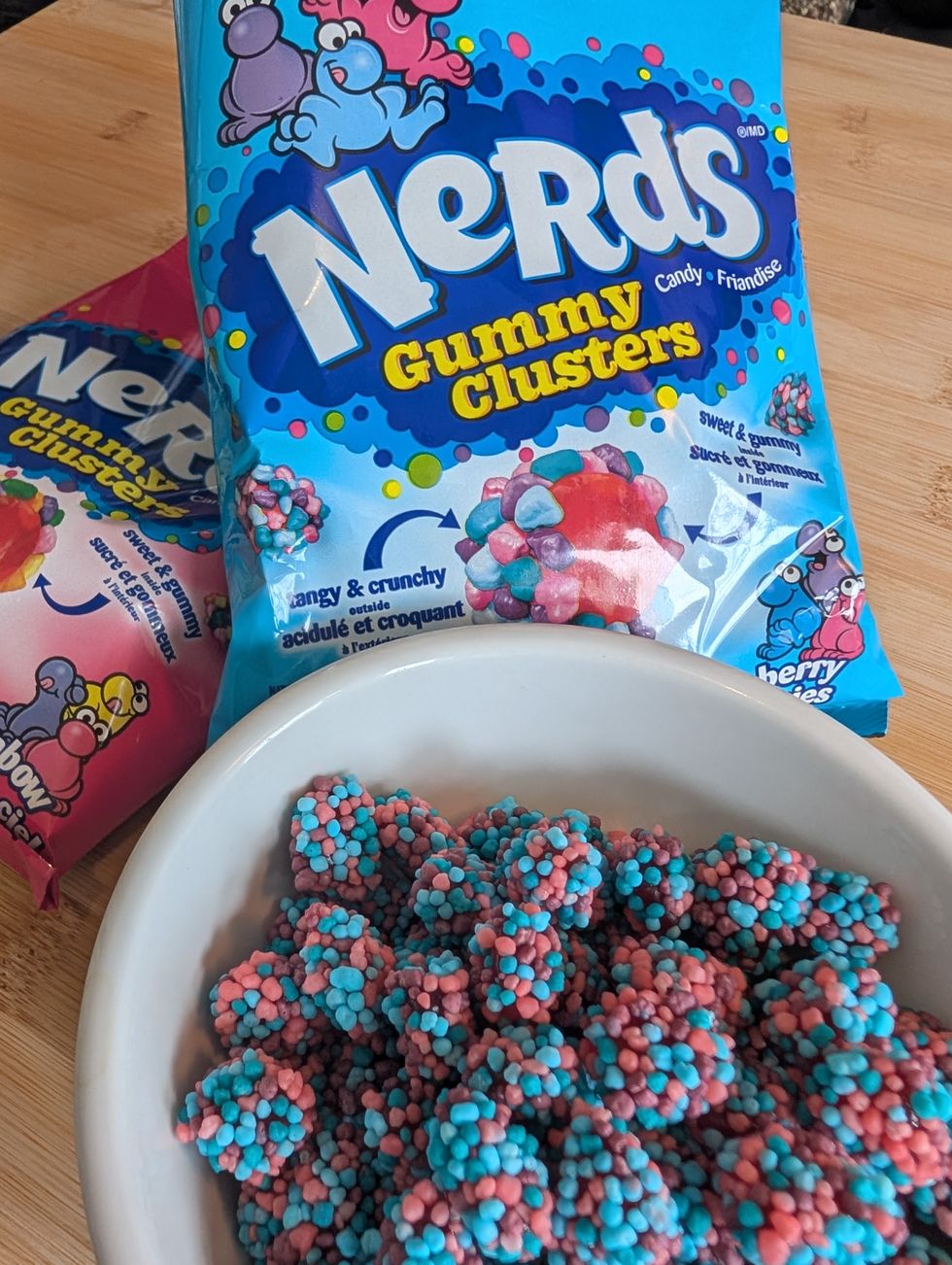 NERDS Gummy Clusters Berry in a bowl.