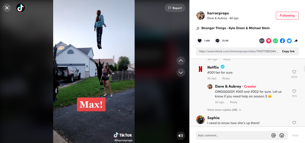 Netflix's comment on horrorprops' viral TikTok.
