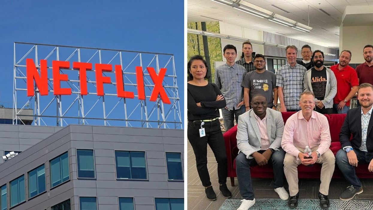Netflix sign on an office building. Right: Employees at Alida, a company that offers unlimited vacation.