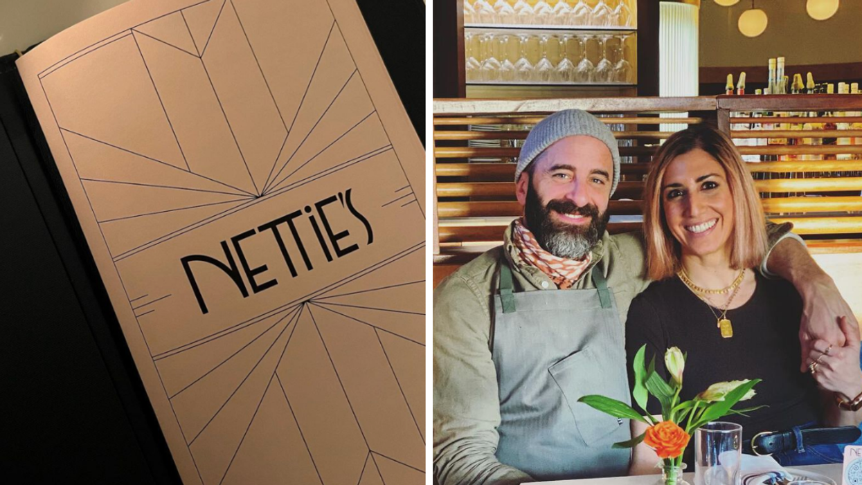 Nettie's House of Spaghetti menu. Right: The Chef and Owner, Chris Calabrese, and his partner in the booth of Nettie's House of Spaghetti.