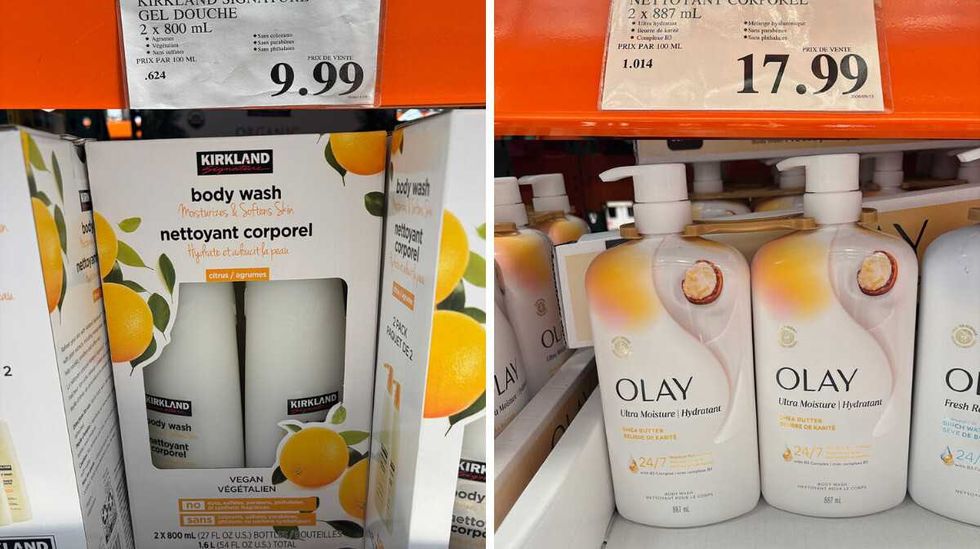 Nettoyant corporel aux agrumes de marque Kirkland. Droite : Nettoyant corporel au beurre de karit\u00e9 de marque Olay.