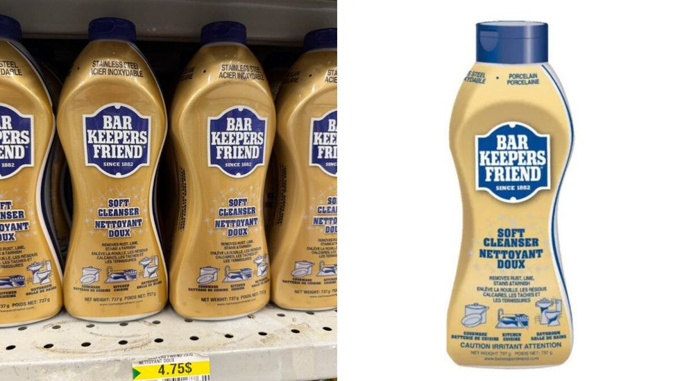 Nettoyant doux tout usage Bar Keepers Friend au Dollarama. Droite : Nettoyant doux tout usage Bar Keepers Friend au Canadian Tire.