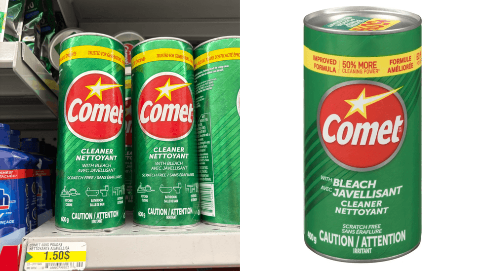 Nettoyant javellisant de Comet sur les tablettes du Dollarama. Droite : Nettoyant javellisant de Comet sur le site du Tigre G\u00e9ant.