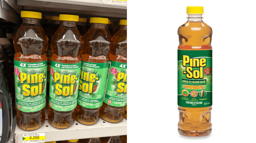 Nettoyant multi-surface Pine-Sol sur les tablettes du Dollarama. Droite : Nettoyant multi-surface Pine-Sol sur le site du Tigre G\u00e9ant.