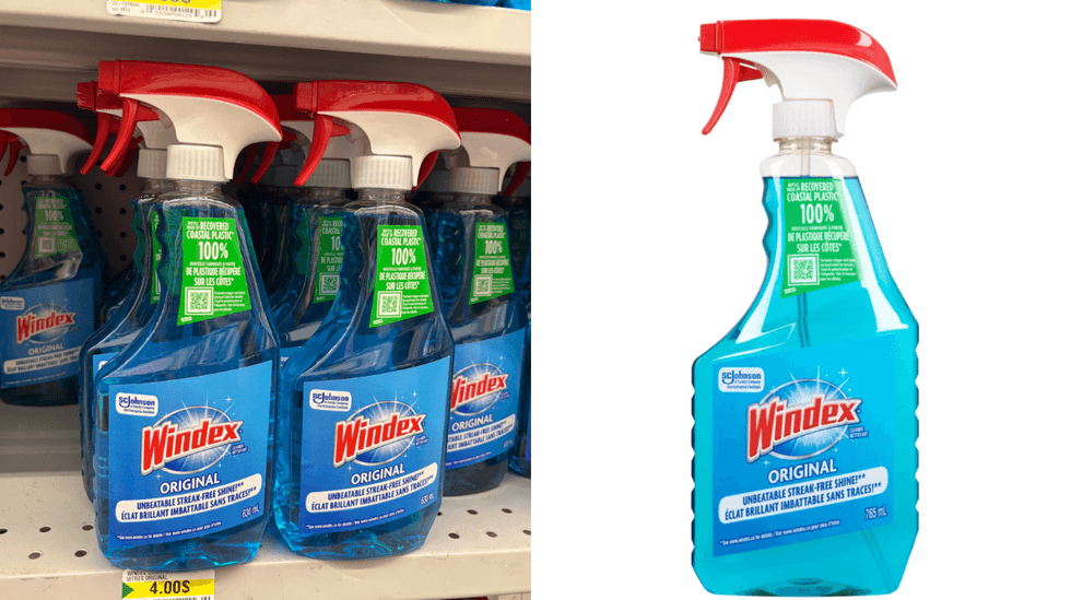 Nettoyant Windex sur les tablettes du Dollarama. Droite : Nettoyant Windex sur le site du Tigre G\u00e9ant.