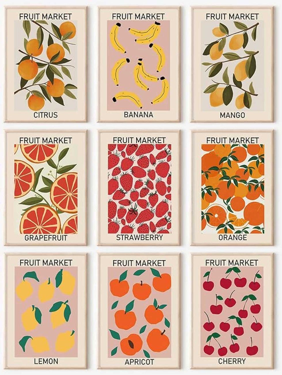 Neuf affiches d\u00e9coratives non encadr\u00e9es repr\u00e9sentant diff\u00e9rents fruits.