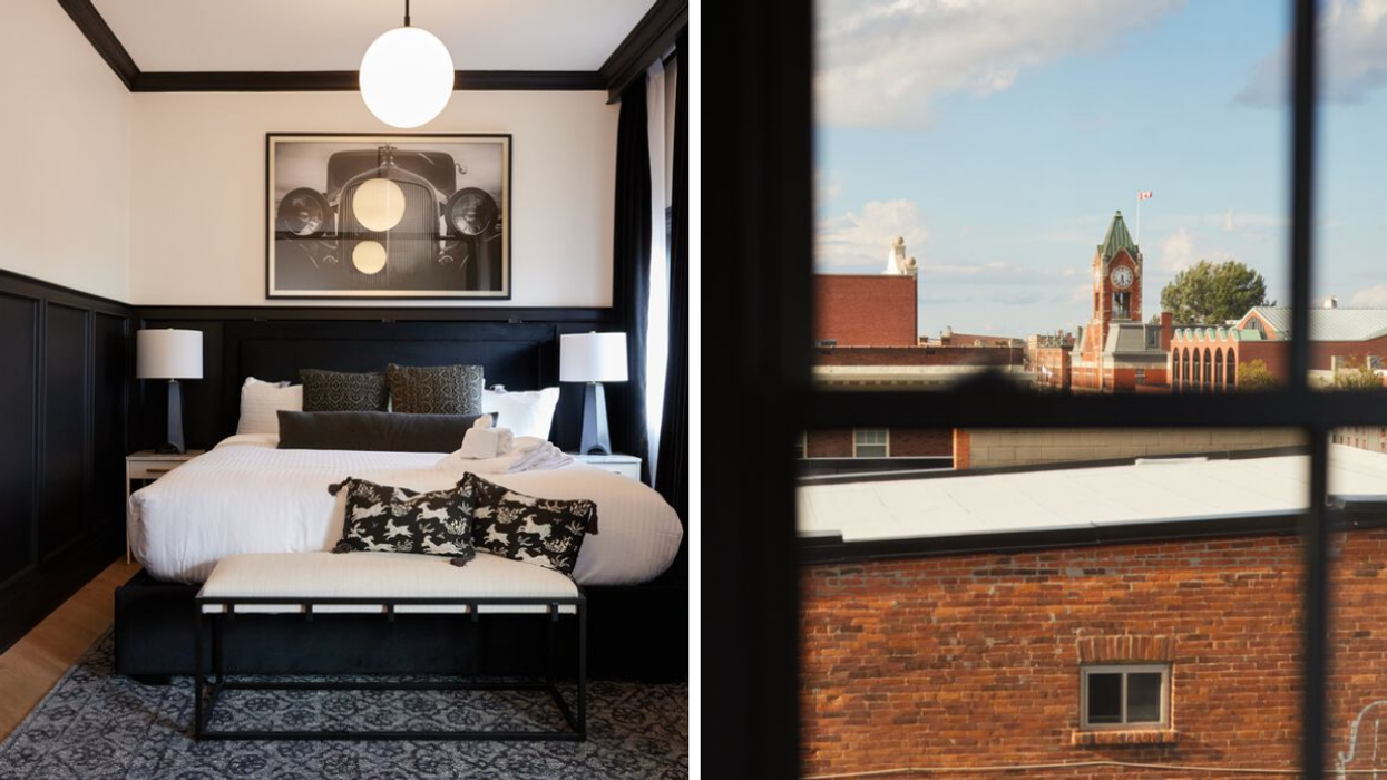 New hotel room with modern finishes. Right: View of Collingwood's clocktower from the Dorchester Hotel.