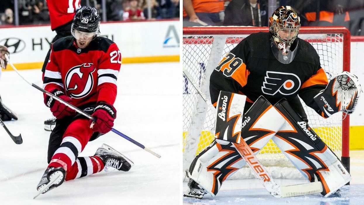 New Jersey Devils forward Michael McLeod celebrates a goal on the ice. Right: Philadelphia Flyers goalie Carter Hart stands ready in net.