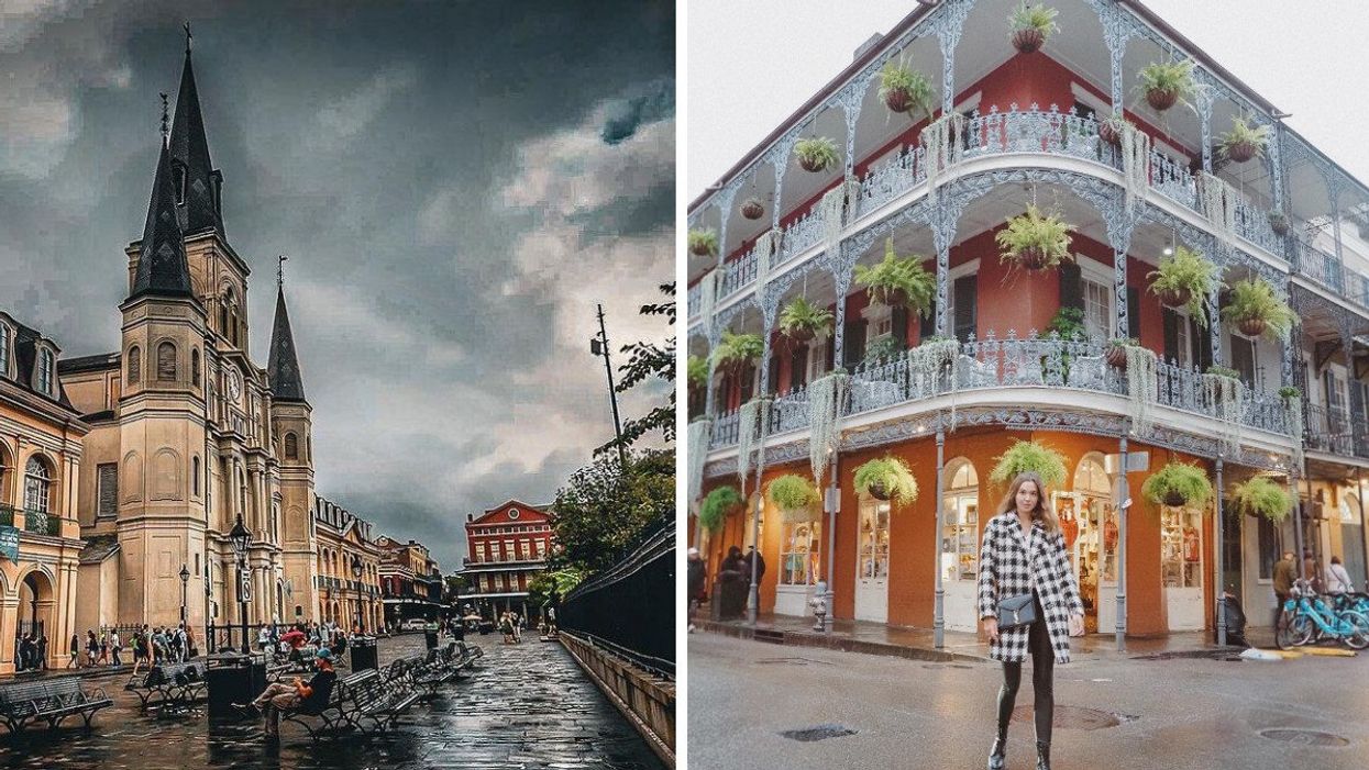New Orleans, Louisiana. Right: A person poses in the French Quarter in New Orleans.