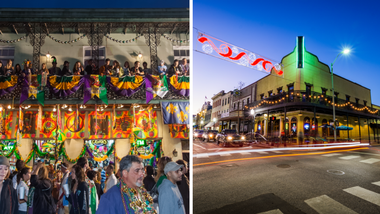 New Orleans Mardi Gras. Right: A view of Mobile, Alabama.