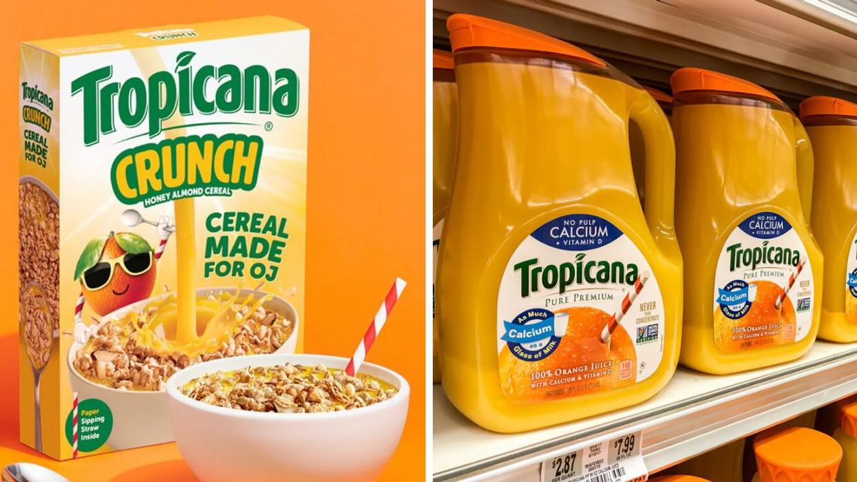 New Tropicana Crunch cereal. Right: Grocery shelf filled with Tropicana orange juice.