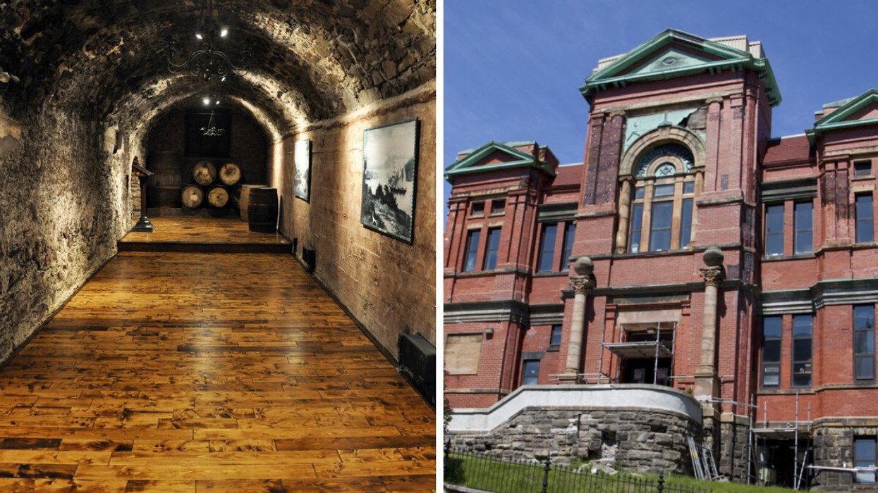 Newman Wine Vaults. Right: The Masonic Temple building.