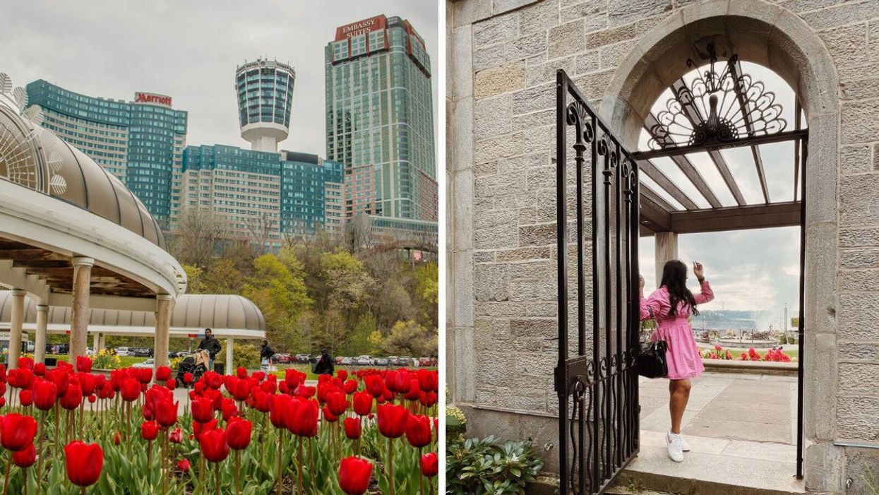 Niagara Falls during the spring: Right: A person standing near Niagara Falls.