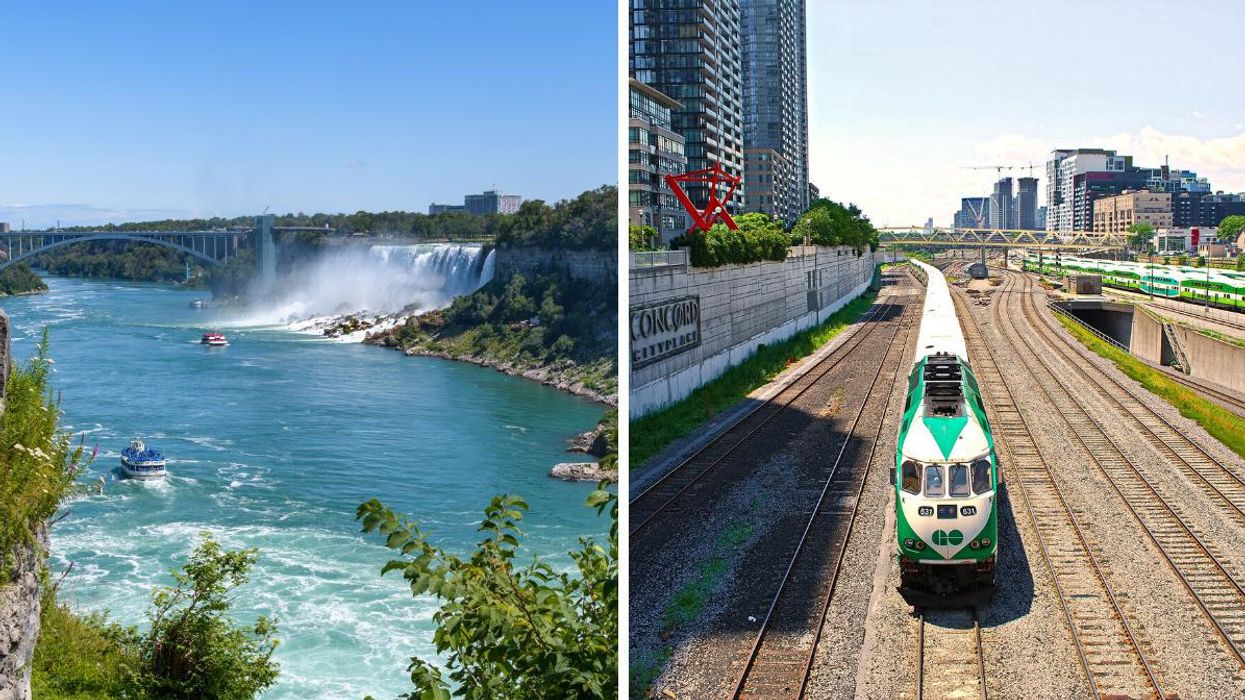 Niagara Falls on a summer day. Right: GO Train.