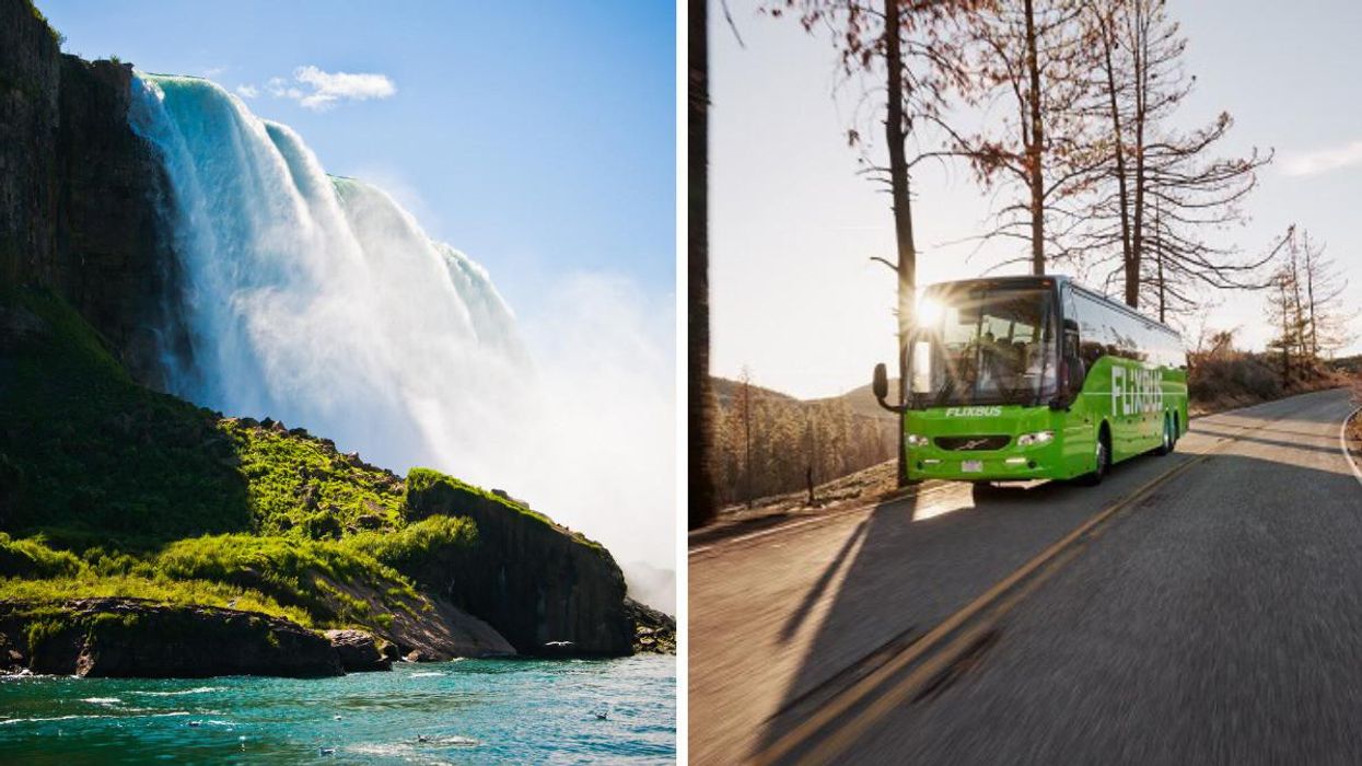 Niagara Falls. Right: Flixbus on the road.
