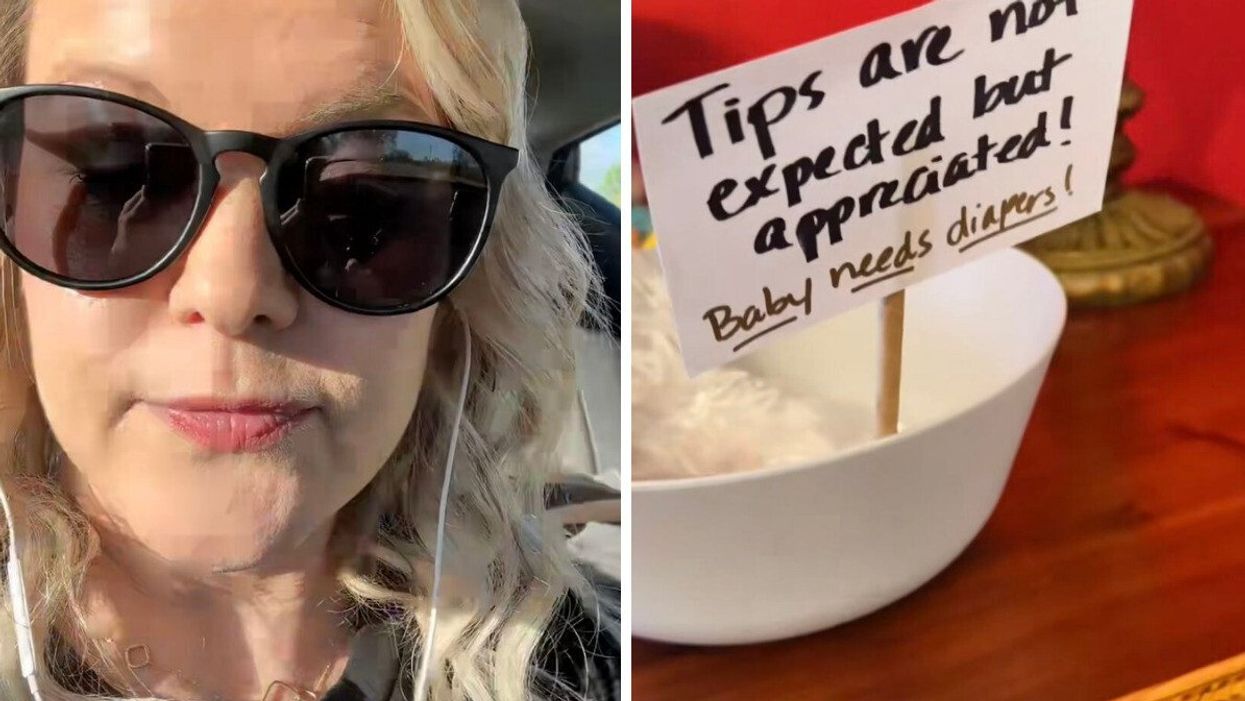 Nichols in her viral TikTok clip. Right: A tip jar at Nichols's friend's house.