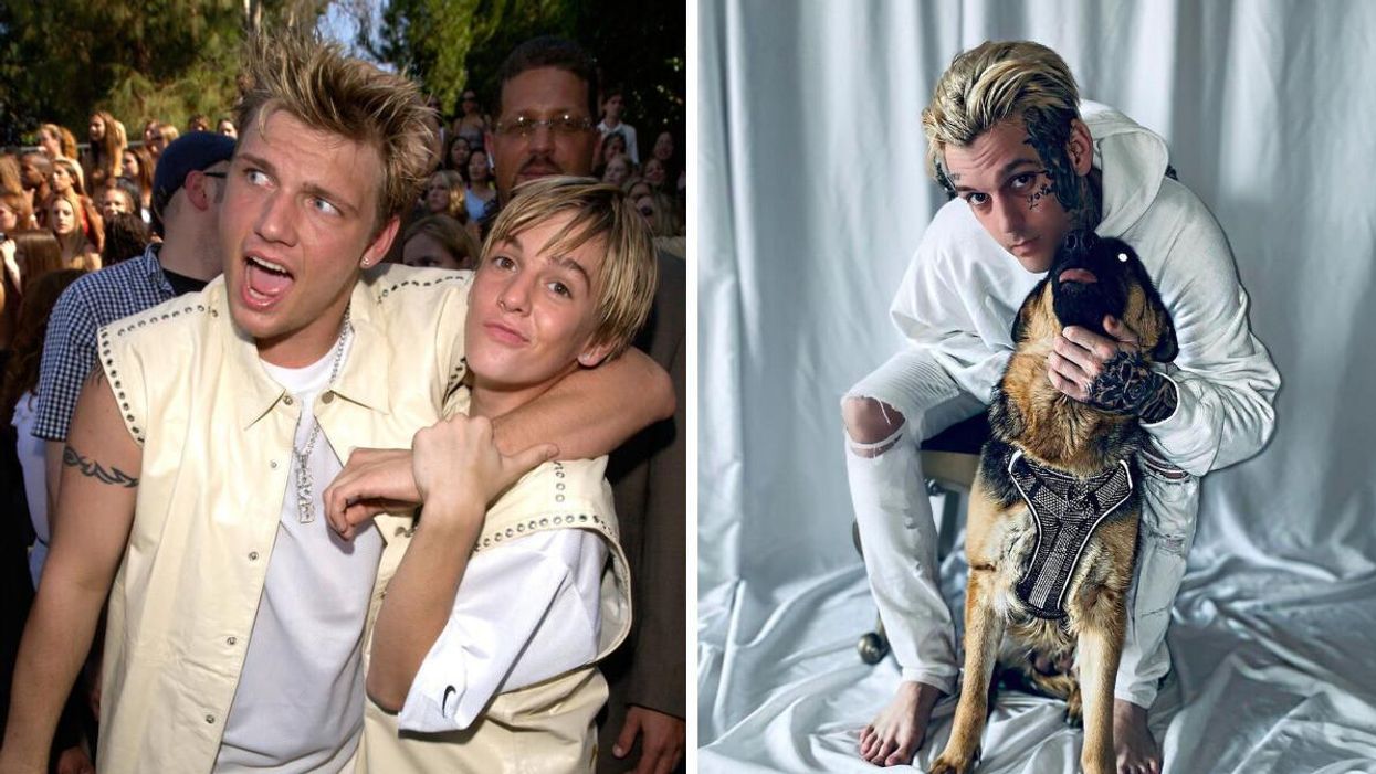 Nick and Aaron Carter in 2001. Right: Aaron Carter with a dog.