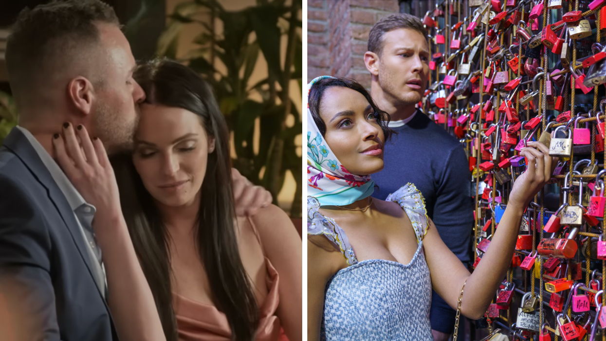 Nick and Danielle from 'Love is Blind'. Right: Man and woman at love locks in new Netflix movie.