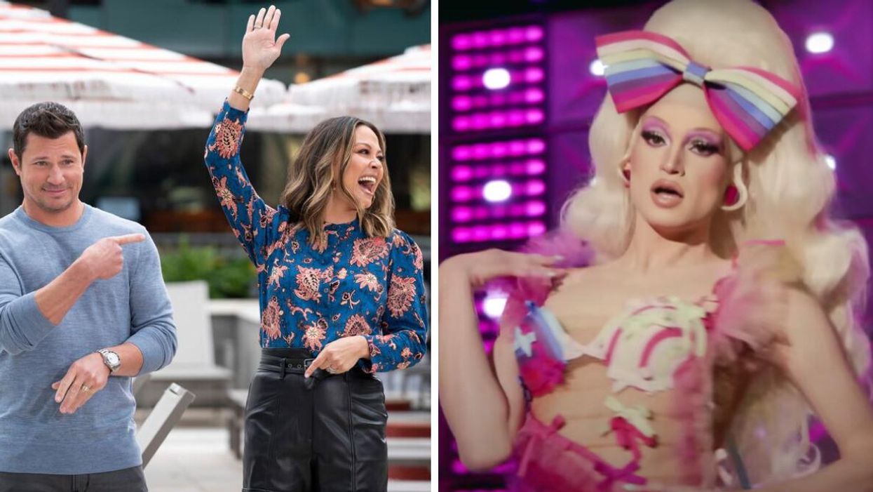 Nick and Vanessa Lachey in Netflix's "The Ultimatum." Right: A contestant on RuPaul's Drag Race.