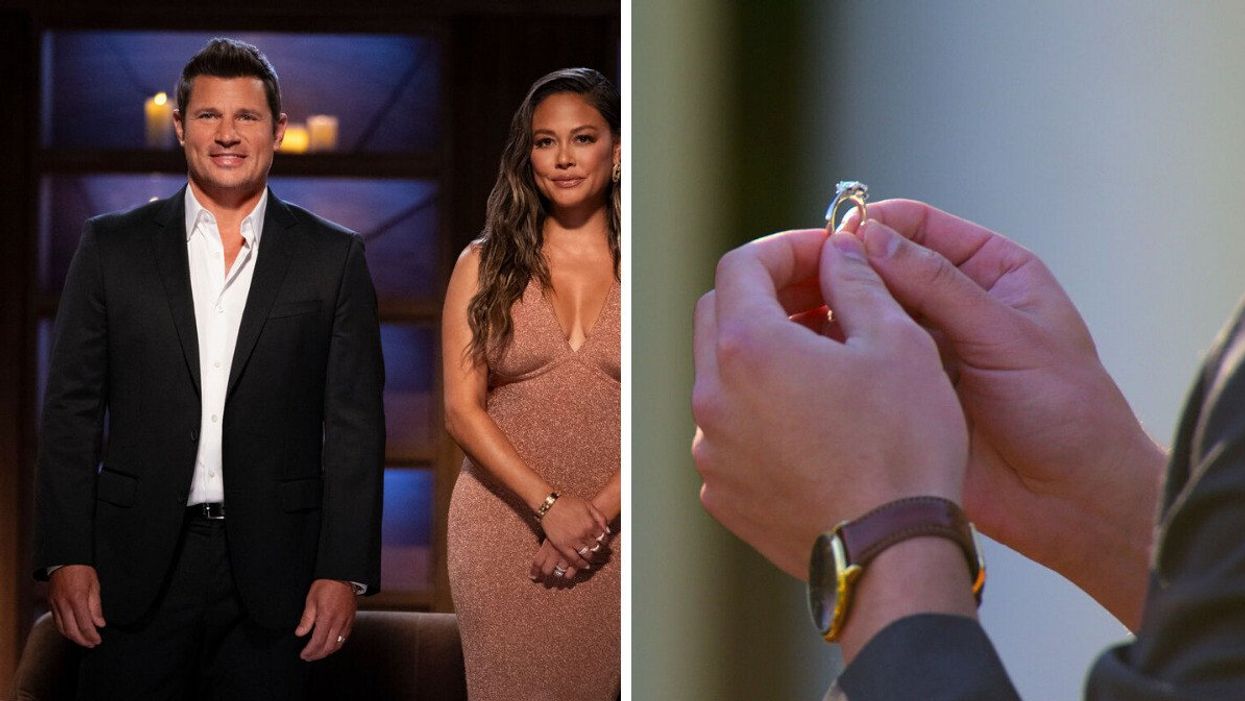Nick and Vanessa Lachey on The Ultimatum: Marry or Move On. Right: A cast member of The Ultimatum holding an engagement ring.