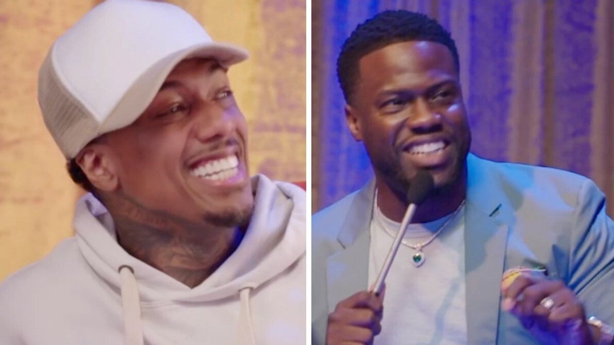 Nick Cannon in the trailer of his fake show "Who's Having My Baby." Right: Kevin Hart as the host of the show.