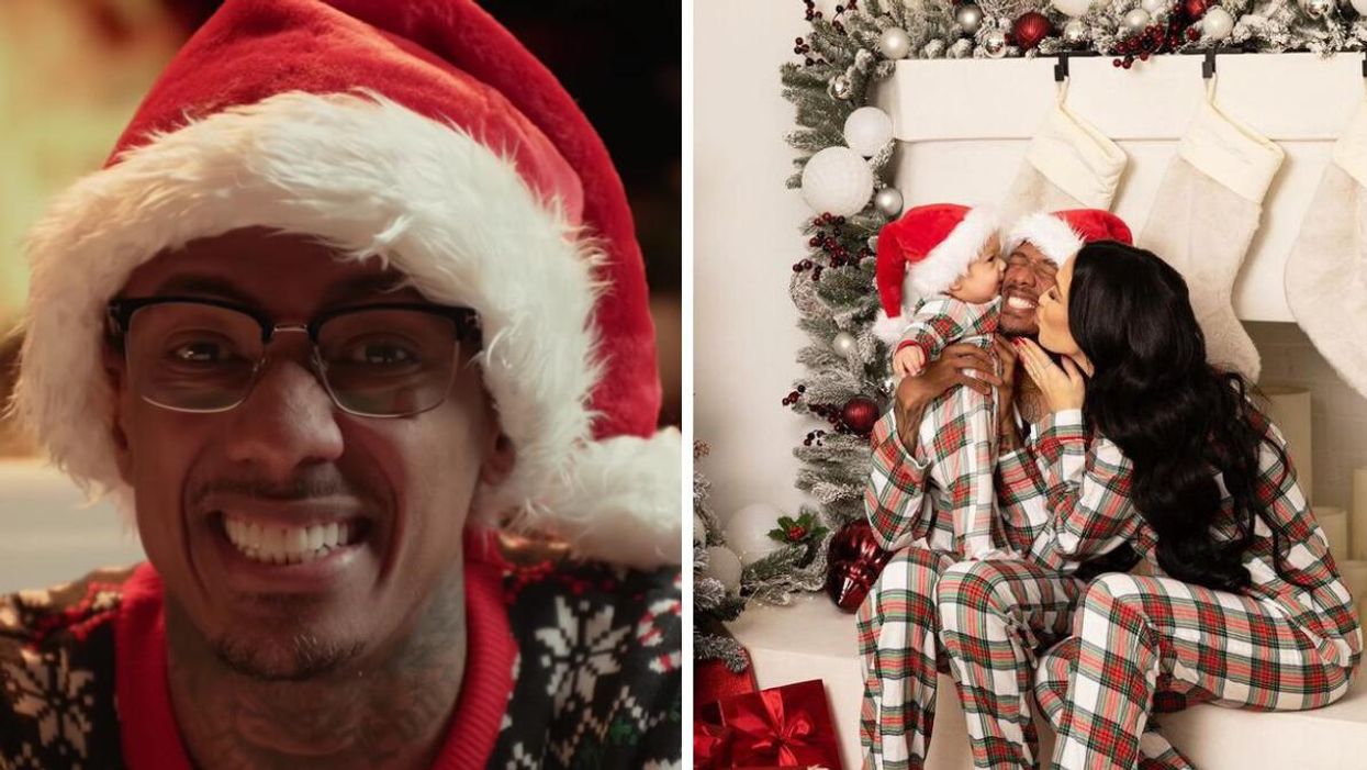 Nick Cannon wearing a Santa hat. Right: Nick Cannon with Bre Tiesi and their child.
