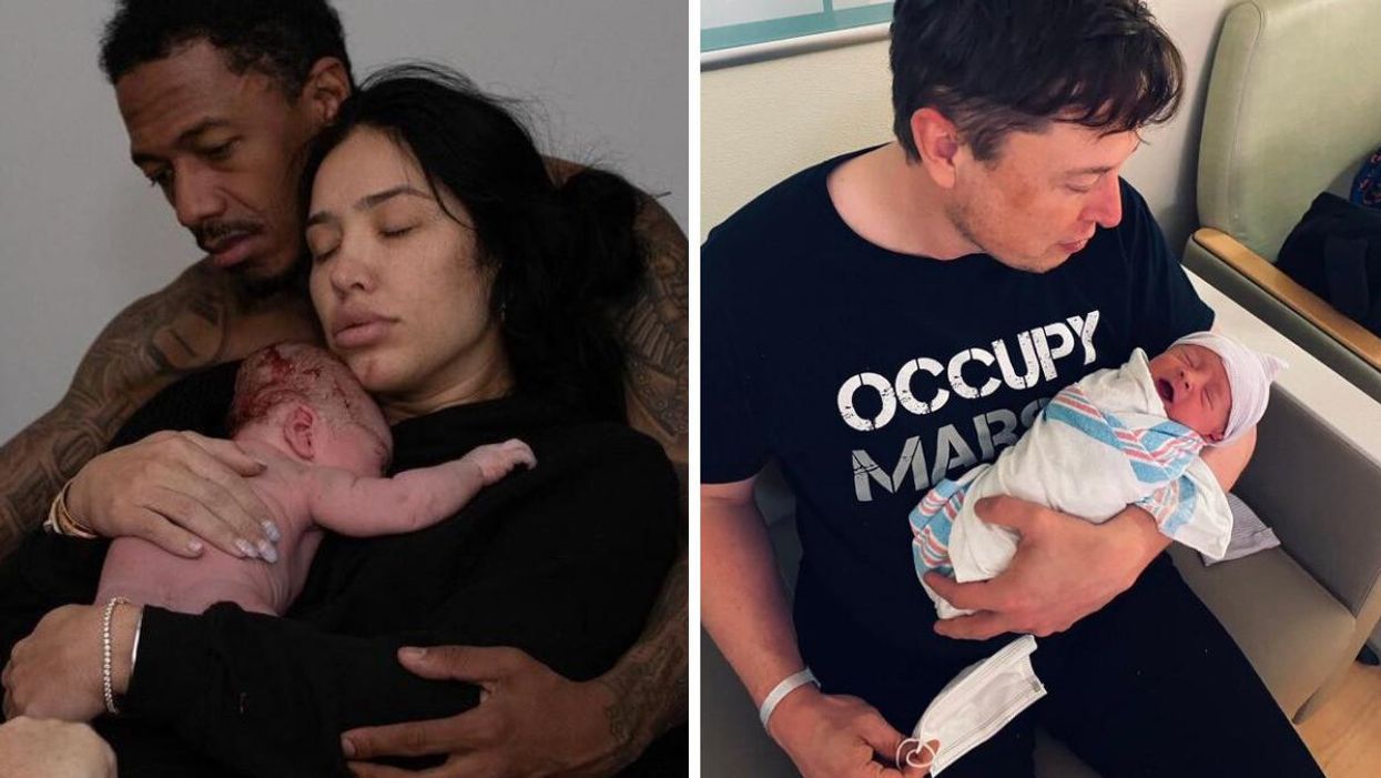 Nick Cannon with Bre Tiesi and baby Legend Cannon. Right: Elon Musk with baby X AE A-XII.