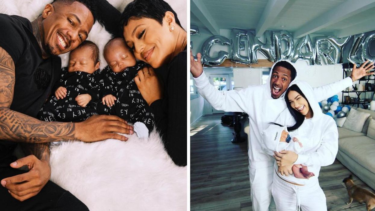 Nick Cannon with his twins with Abby De La Rosa. Right: Cannon with his son with Bre Tiesi.