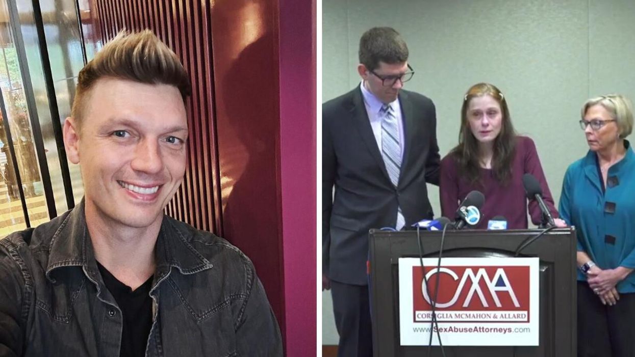 Nick Carter. Right: The alleged victim Shannon "Shay" Ruth speaking at a press conference on Dec. 8, 2022.