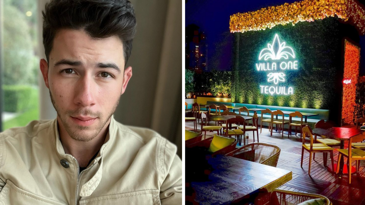 Nick Jonas in a jacket. Right: Villa One Tequila Garden in San Diego.
