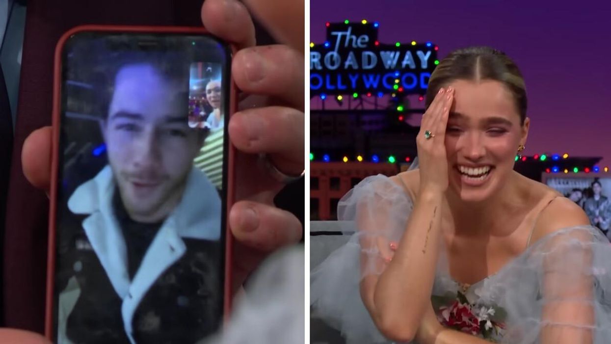 Nick Jonas on a FaceTime call. Right: Haley Lu Richardson on the "Late Late Show with James Corden."
