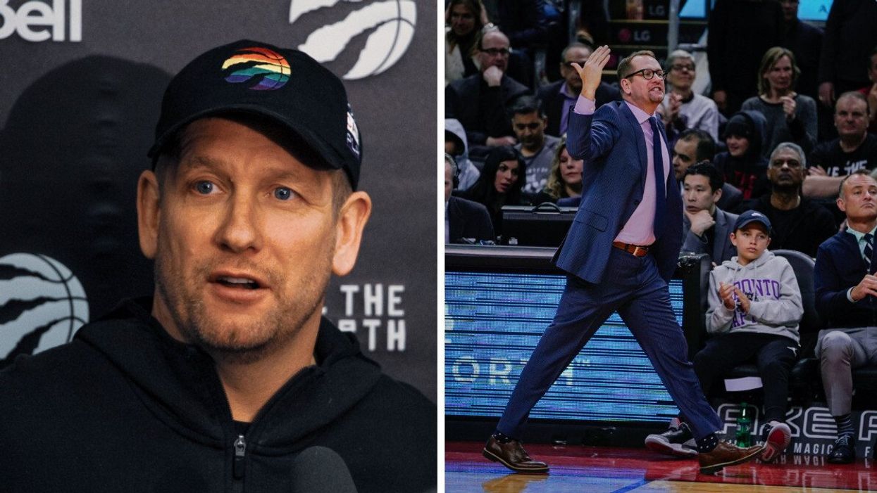 Nick Nurse at a press conference. Right: Nick Nurse at a Toronto Raptors game.