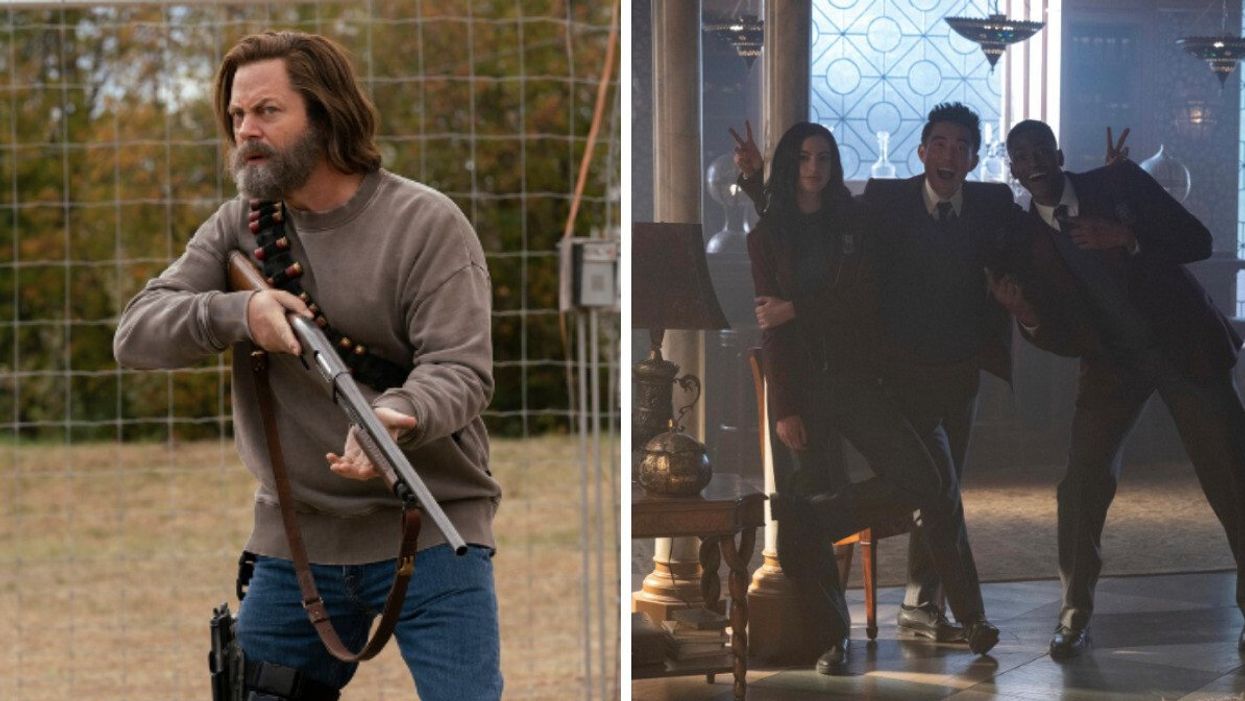 Nick Offerman as Bill in The Last Of Us. Right: Cast of The Umbrella Academy on set.
