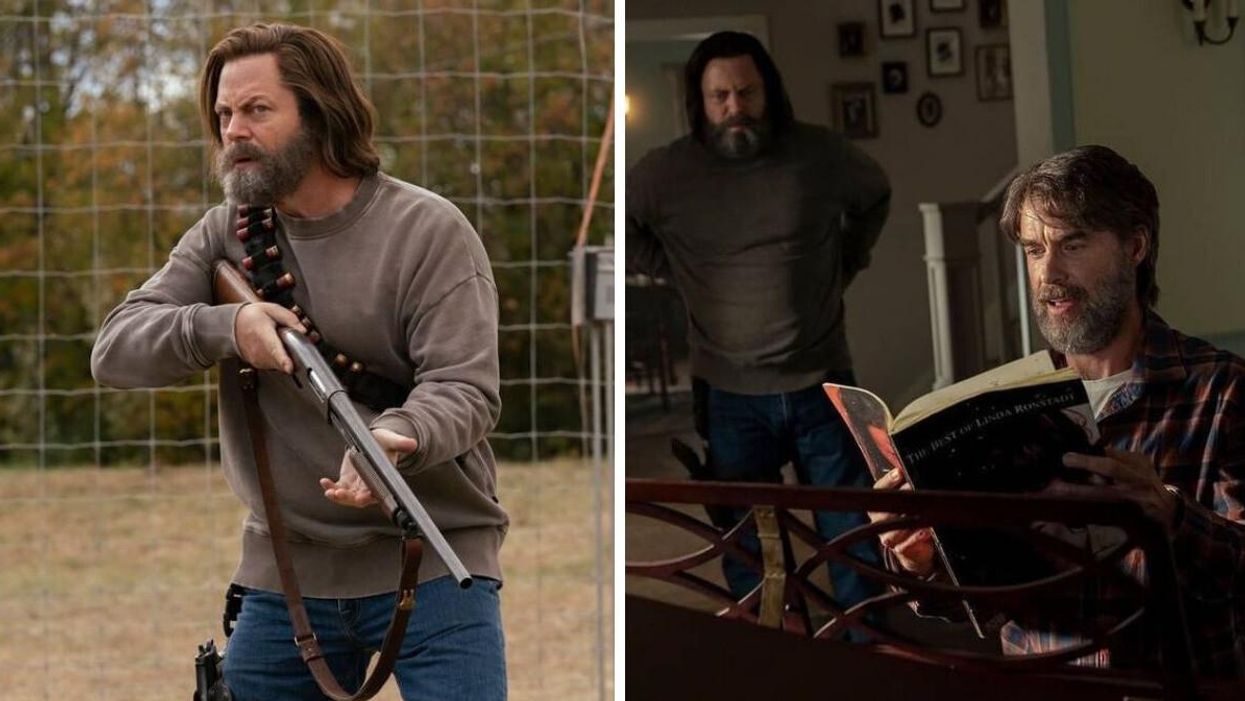 Nick Offerman as Bill in The Last Of Us. Right: Nick Offerman and Murray Bartlett as Bill and Frank in The Last Of Us.