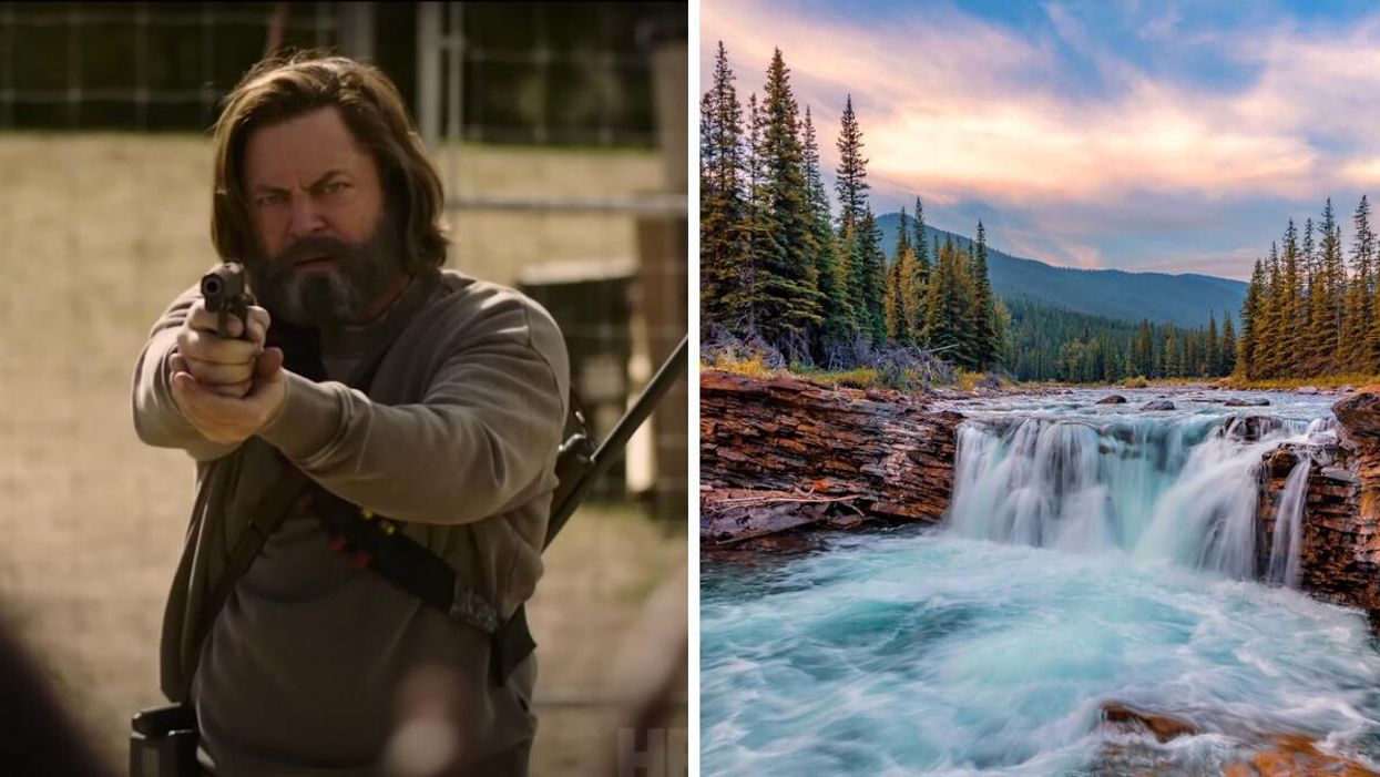 Nick Offerman as Bill. Right: Sheep River Falls.