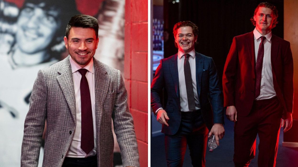 Nick Suzuki. Droite : Cole Caufield et Christian Dvorak.