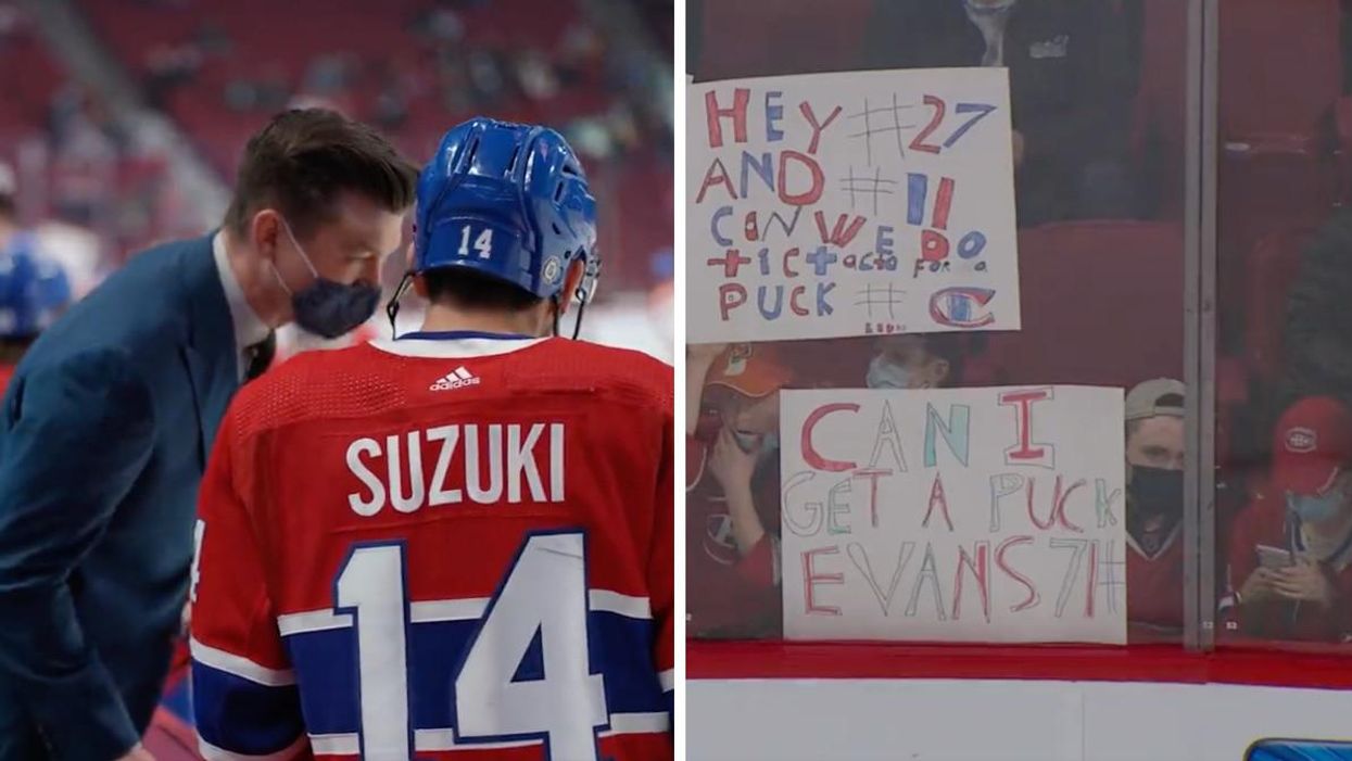 Nick Suzuki of the Montreal Canadiens, Right: Signs at the game.