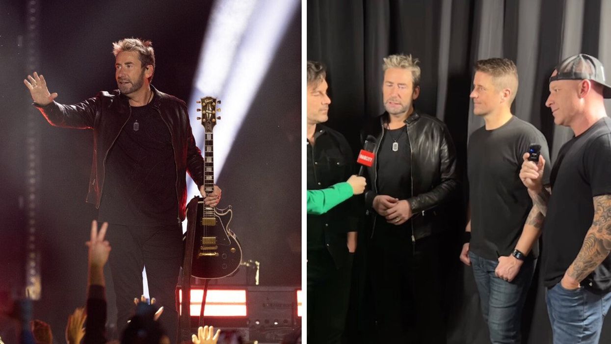 Nickelback performing at The JUNOS in Edmonton. Right: Nickelback chatting with Narcity Canada.