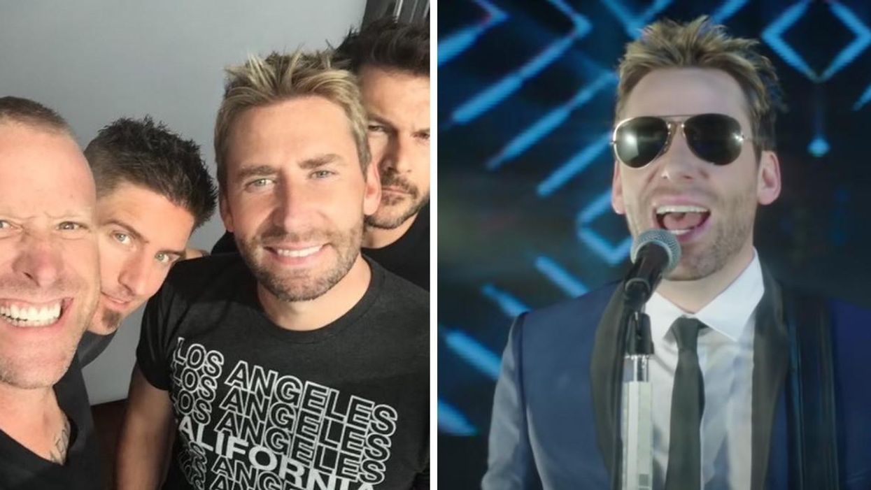 Nickelback. Right: Chad Kroeger in 'She Keeps Me Up' music video.