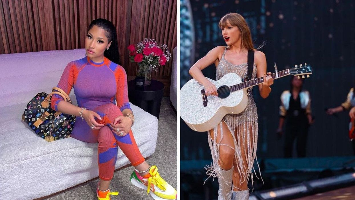 Nicki Minaj. Right: Taylor Swift performing during her Eras Tour.