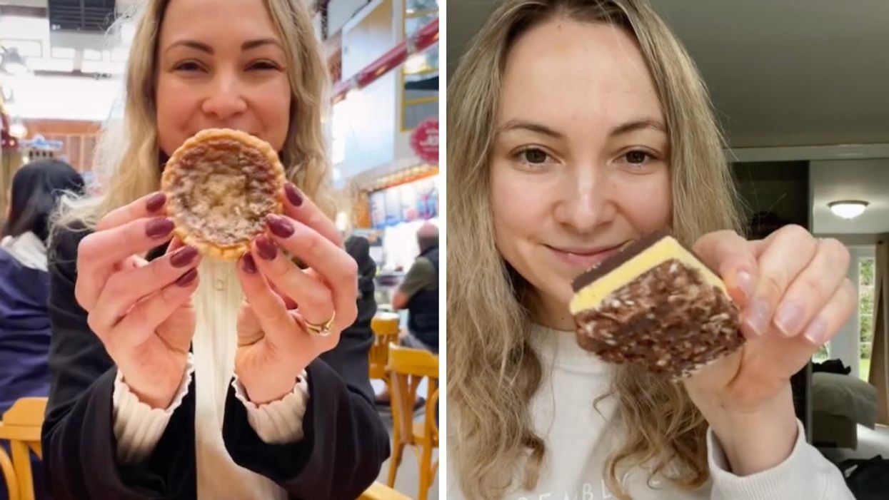 Nicola trying a butter tart. Right: Nicola trying a Nanaimo bar.
