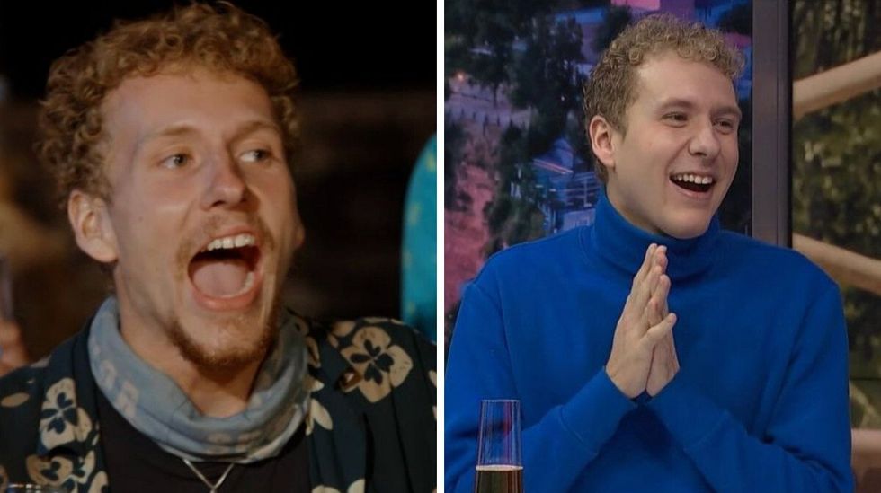 Nicolas Brunette au regard surpris portant un foulard bleu. Droite : Nicolas Brunette portant un col roul\u00e9 bleu.