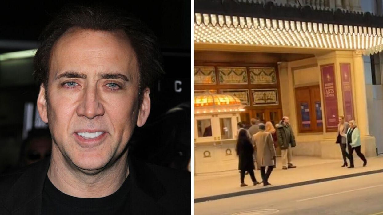 Nicolas Cage. Right: Nicolas Cage filming in Toronto.