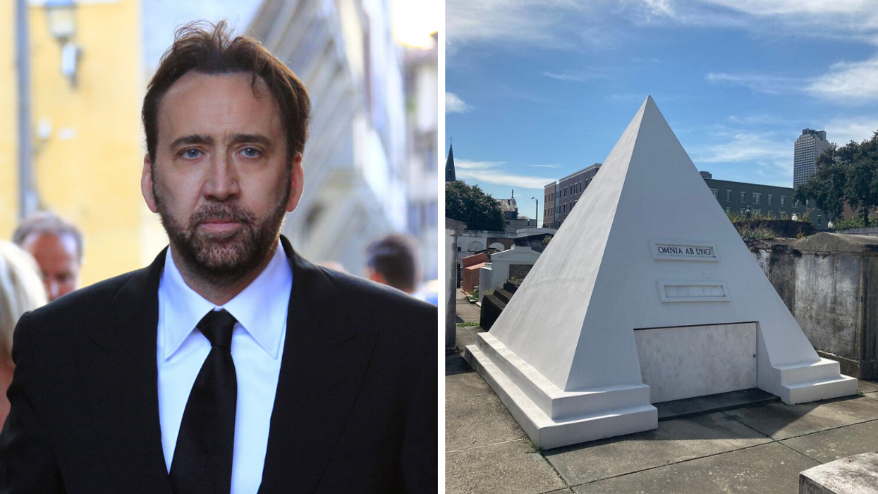 Nicolas Cage wearing a black suit. Right: Cage's future tomb in New Orleans, LA.