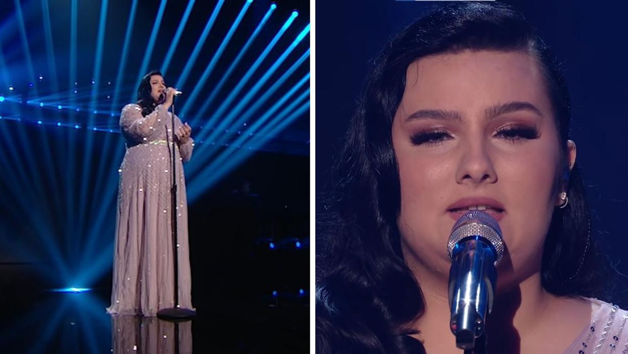 Nicolina Bozzo singing. Right: A close-up of Nicolina Bozzo's performance.