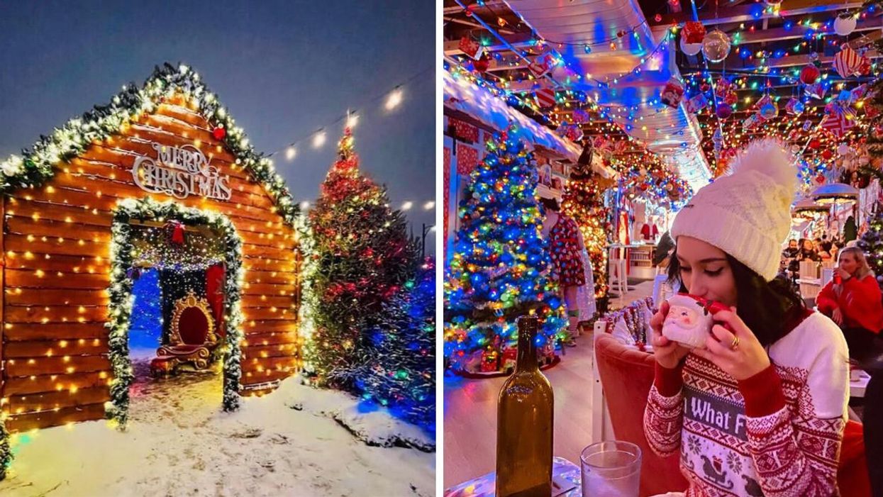 Nights of Lights. Right: A woman sipping a drink at a Christmas bar.