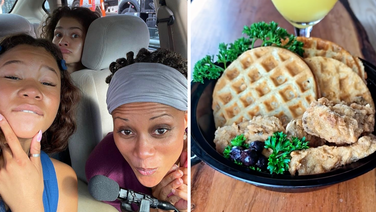 Nika King on set with Storm Reid and Zendaya. Right: Food at the Blue Tree Café.