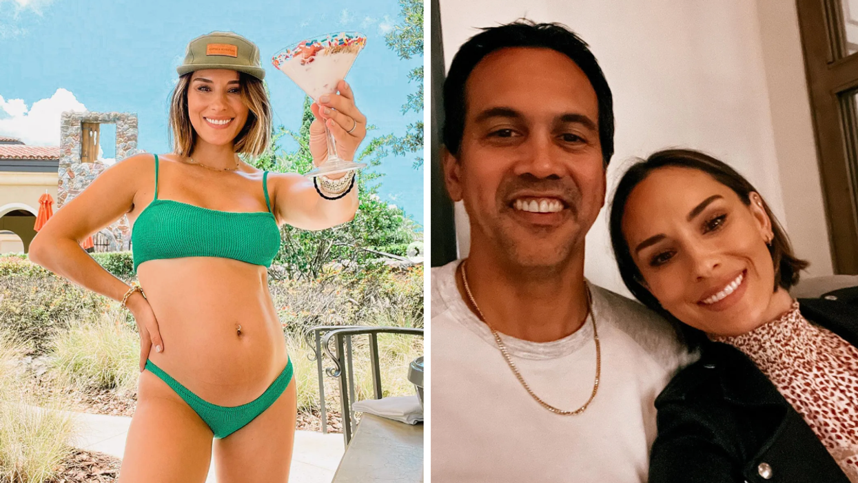 Nikki Spoelstra pregnant in a bikini holding up a dessert in a martini glass. Right: Erik and Nikki Spoelstra at dinner.