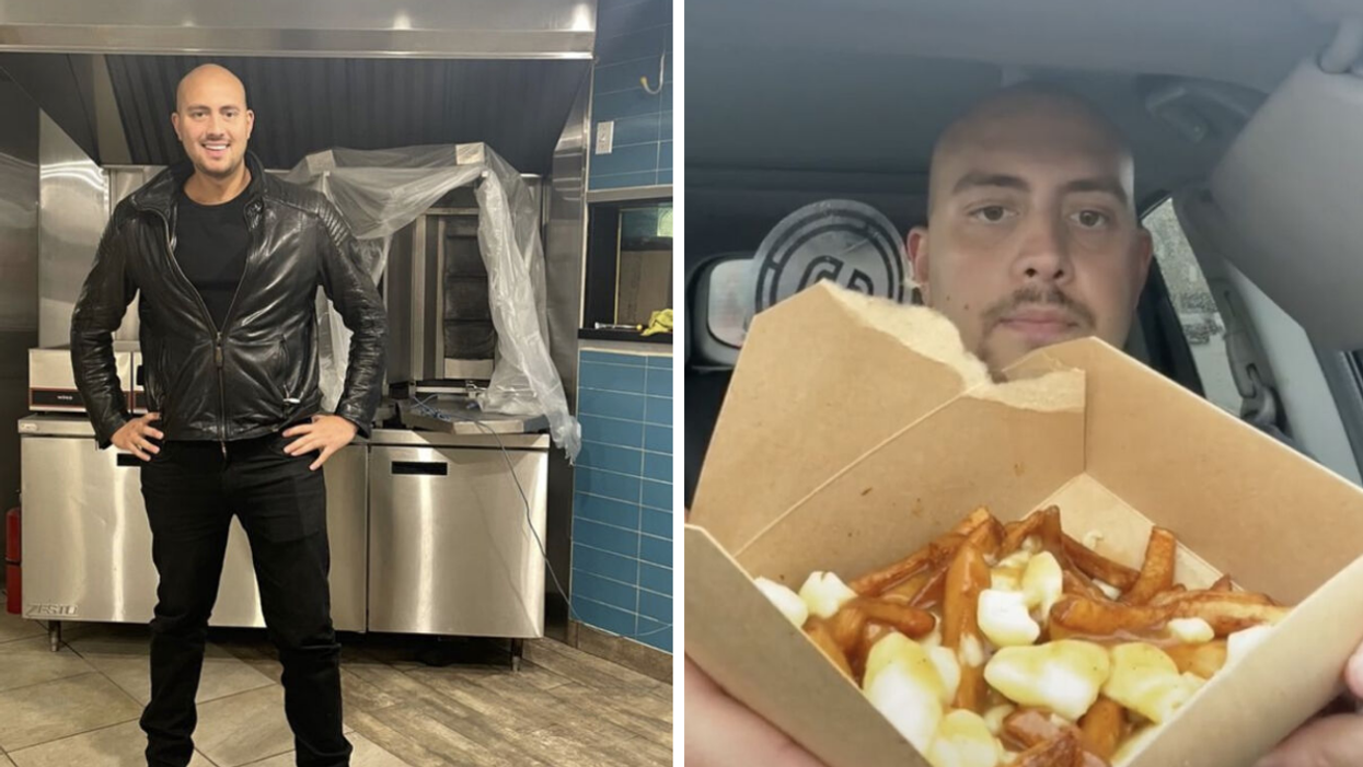 Niko Atsaidis dans son restaurant. Droite : Niko qui teste une poutine.